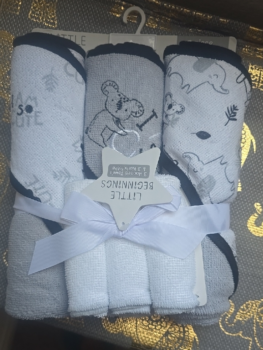 Neutral Elephant Print Hooded Baby Towels - 3-Pack